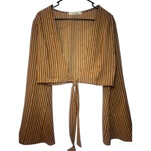 OOTD Fash 70s Inspired Bell Sleeve Brown & White Striped Top Size Medium